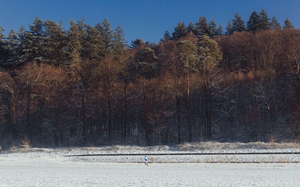 Coureur solitaire traversant une forêt enneigée en hiver